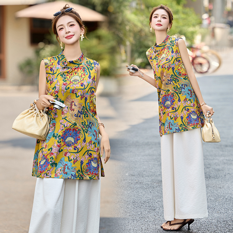 新中式国风气质衬衫女马甲2025夏季新款唐装旗袍印花上衣无袖背心