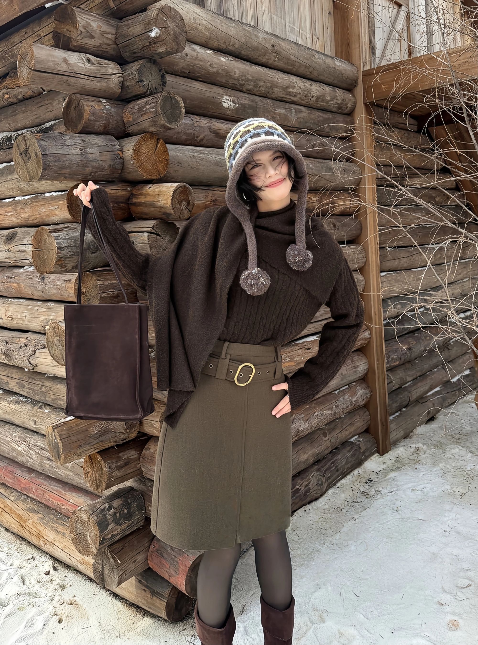 新款旅游风高级百搭套装女冬季披肩毛衣两件套半身裙一整套26416