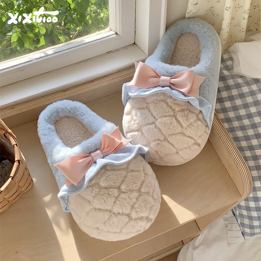 细细条 少女心蝴蝶结甜筒棉拖鞋女士冬季居家甜美毛绒保暖月子鞋