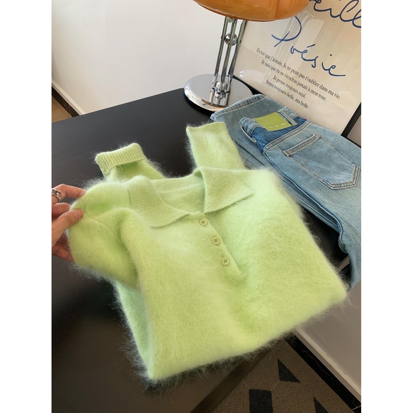 一眼惊艳感！好看苹果绿慵懒毛绒感毛衣女秋冬厚实软糯针织衫上衣