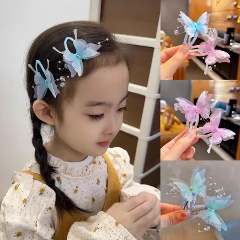 2025春款仙气渐变蝴蝶儿童对夹 网红编发做造型女童BB夹头饰发饰