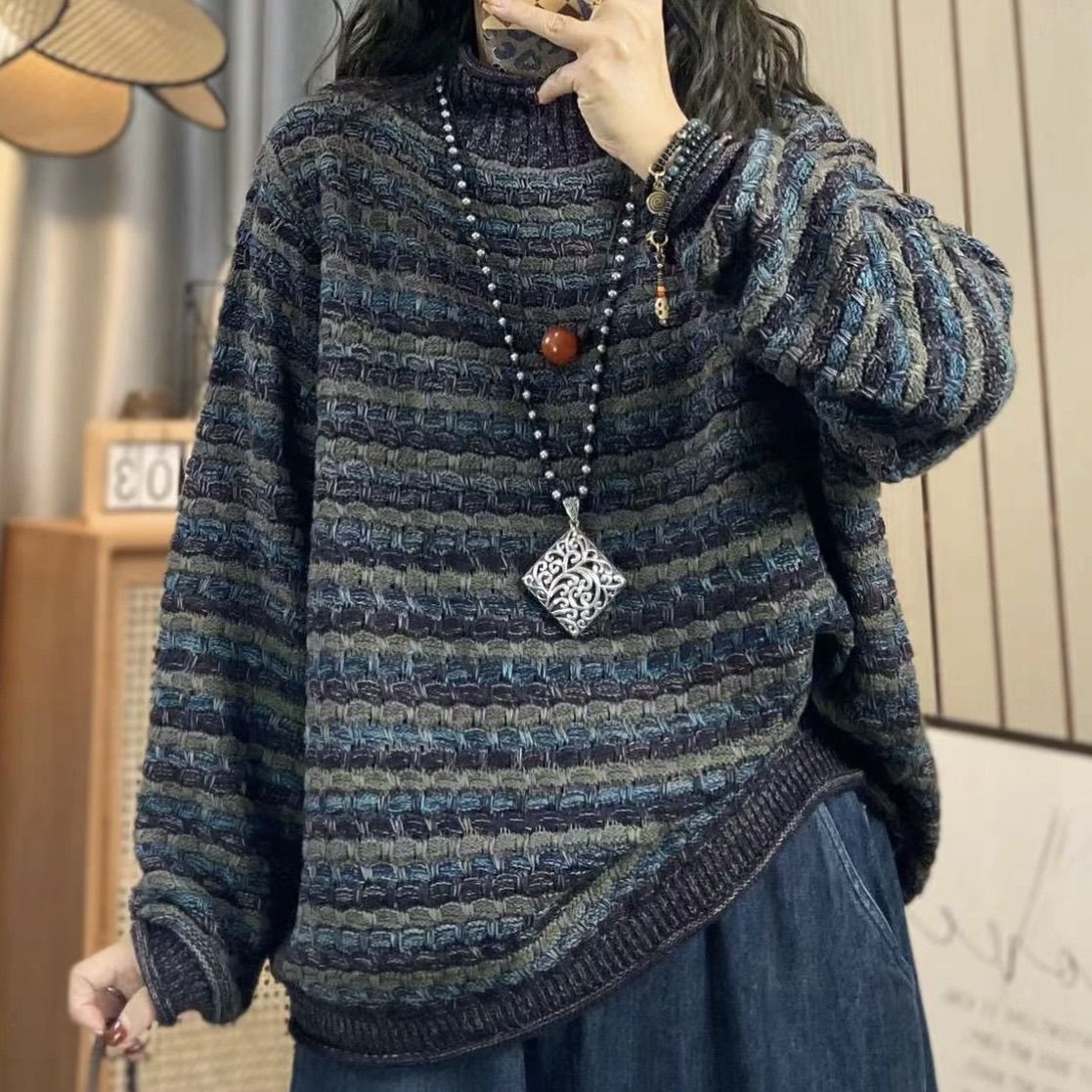 2025年新款秋冬半高领百搭毛衣线针织衫宽松显瘦撞色毛衣时尚百搭