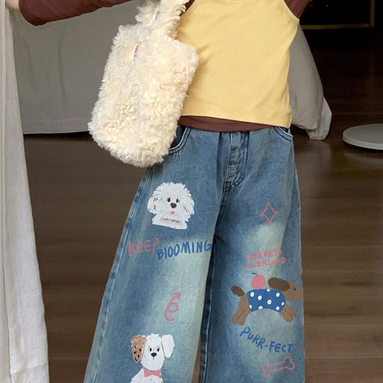 女童涂鸦阔腿牛仔裤秋季2025新款儿童女宝宝卡通风设计感裤子宽松