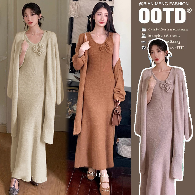 时髦孕妇装秋冬款气质时尚温柔立体花朵连衣裙宽松显瘦洋气两件套