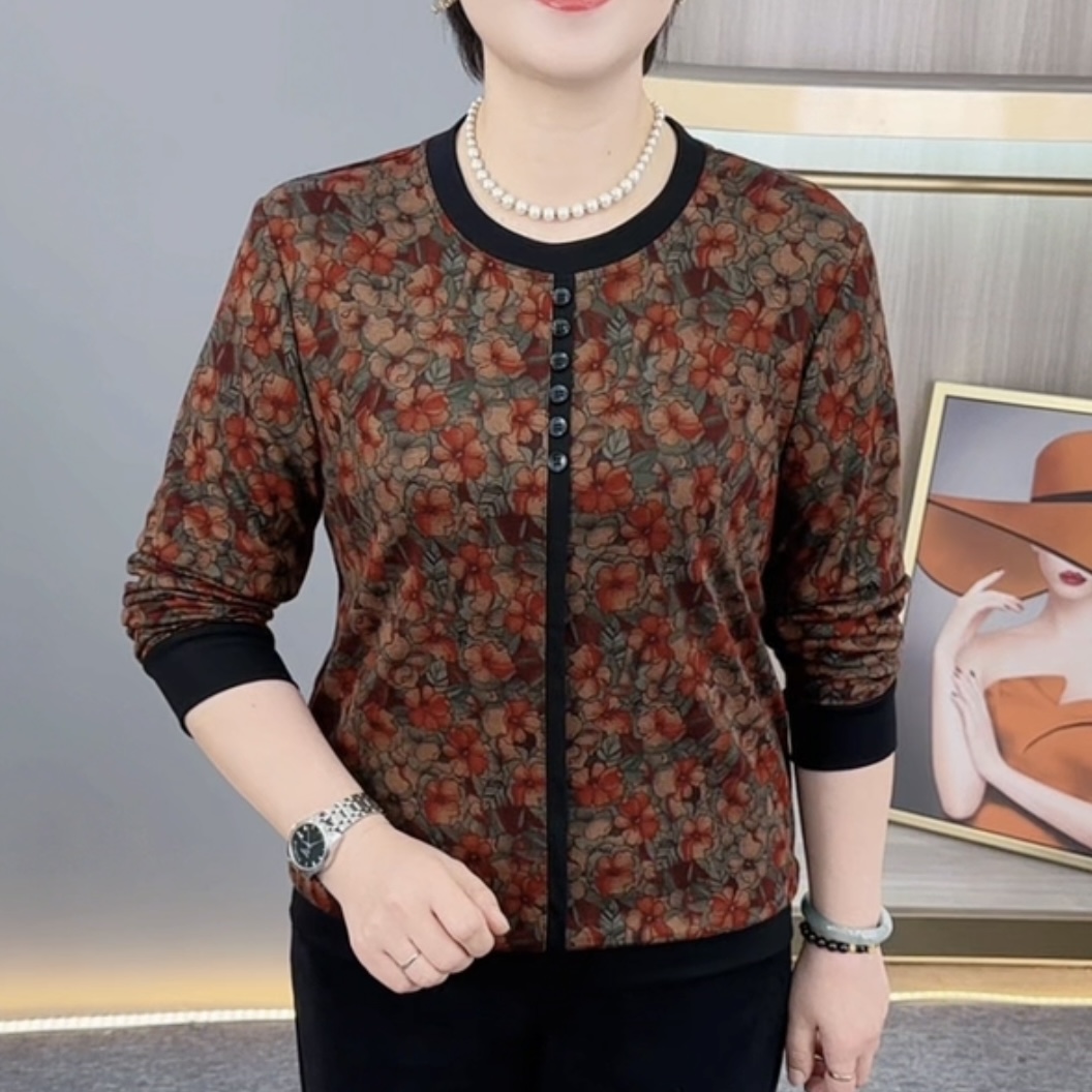 秋季新款时尚圆领碎花中老年气质妈妈装洋气百搭长袖上衣H6606