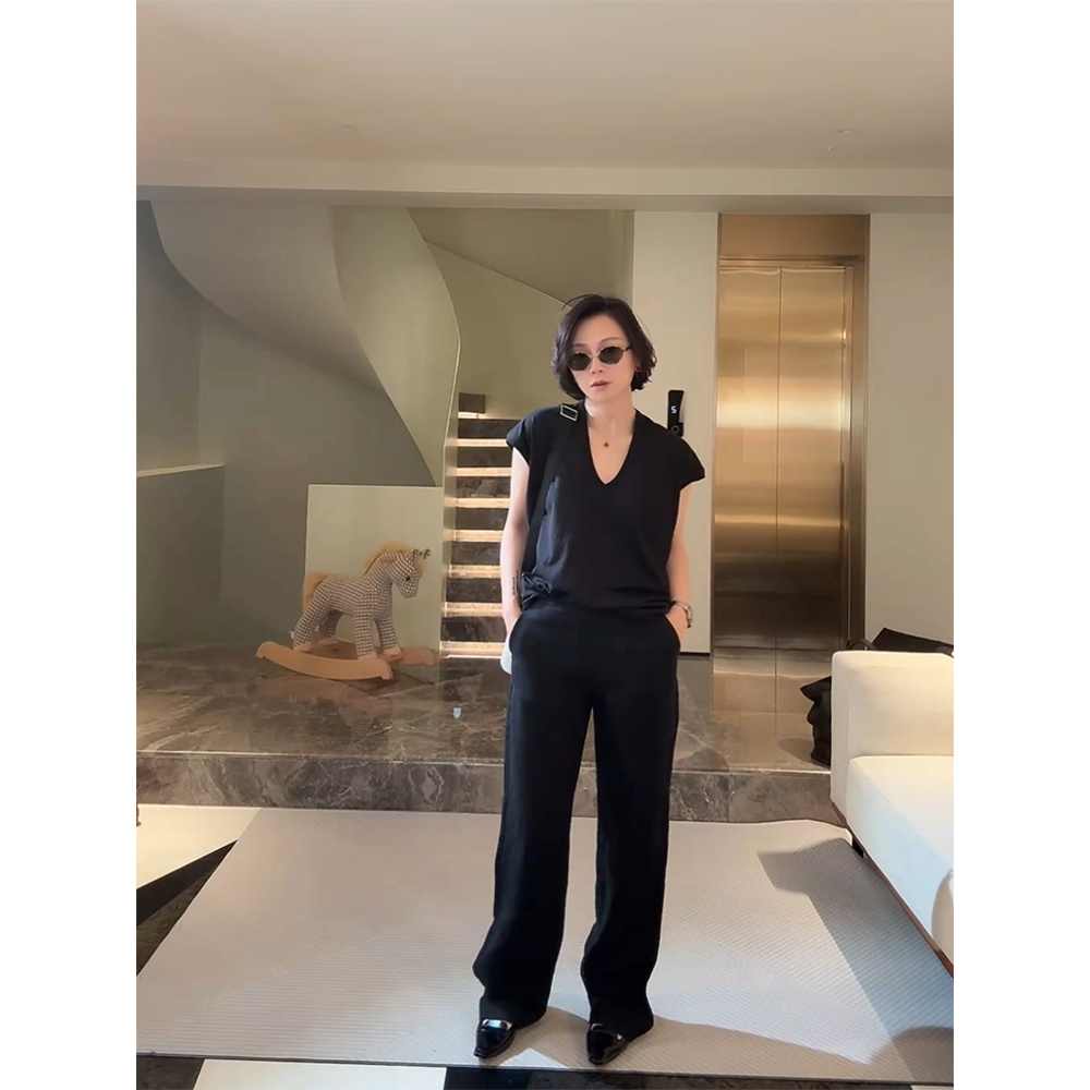 SHIIEELL黑色重磅亚麻设计感高腰显瘦窄筒直筒裤Z1729