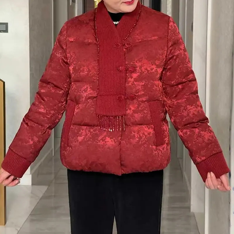 气质中式盘扣提花棉服女2025冬针织领流苏装饰短款保暖通勤穿搭