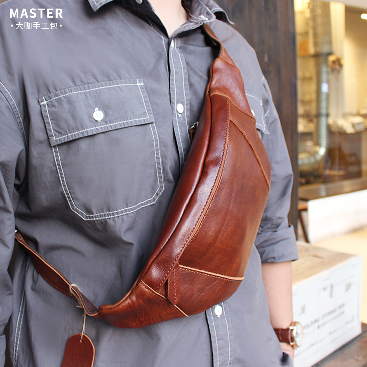 手工真皮疯马牛皮胸包手机包休闲单肩包斜挎包头层牛皮男腰包复古