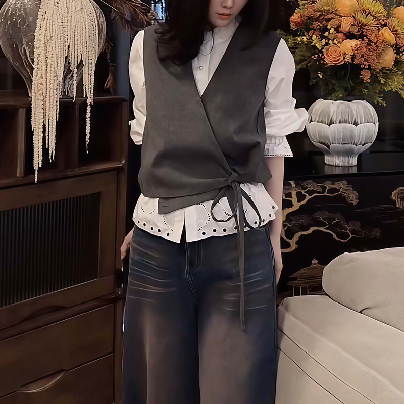 韩系时尚温柔通勤套装灰色系带马甲背心女宽松显瘦百搭两件套