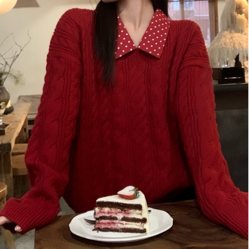 冬季拼接纯欲风舒适法式翻领常规毛衣宽松红撞色套头LK1230079