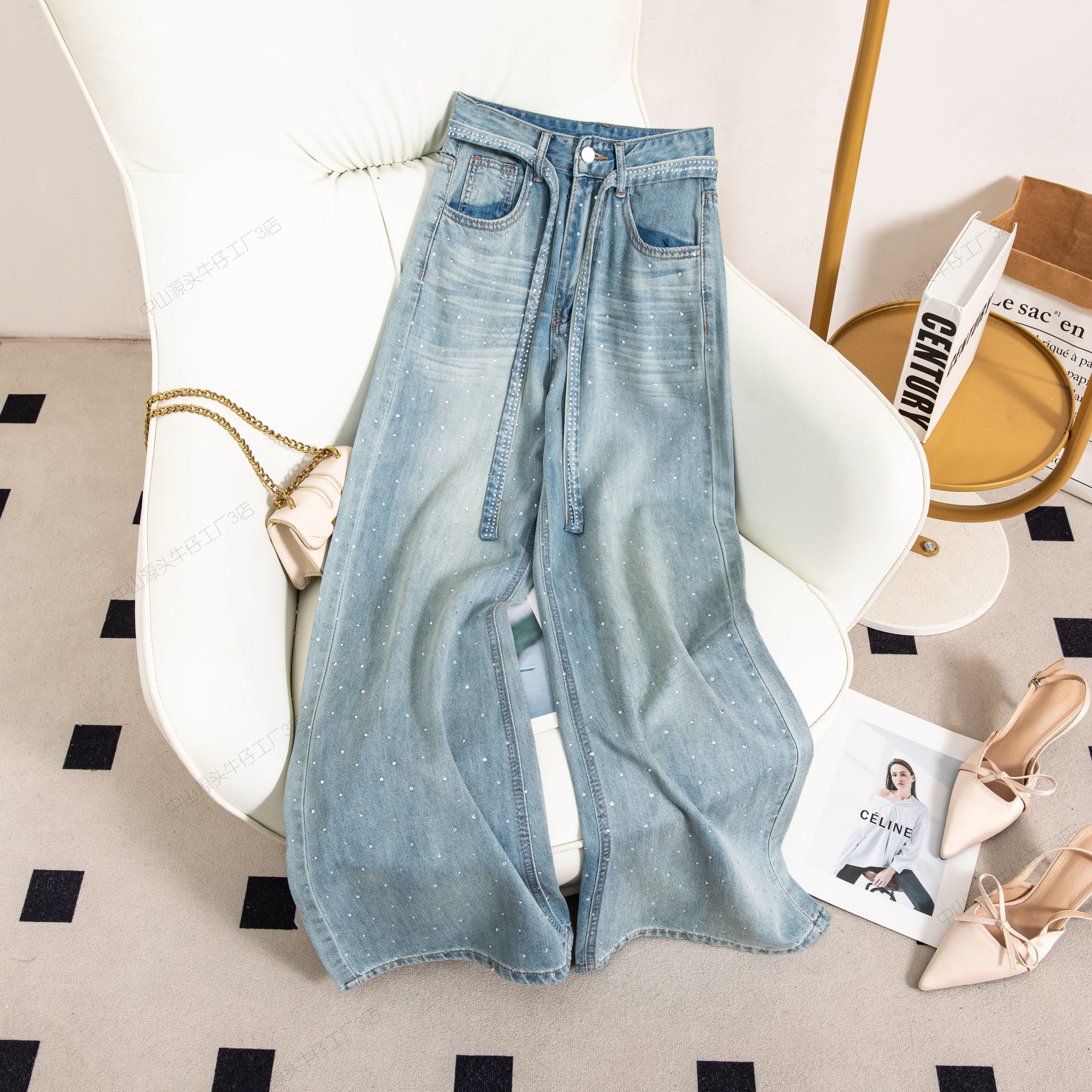 重工烫钻天丝牛仔裤女2025夏季薄款阔腿裤莱赛尔宽松裤子潮7872