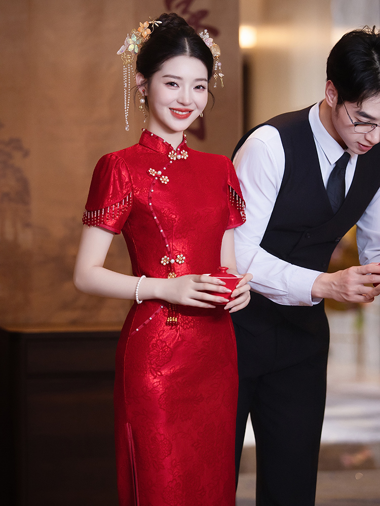 红色旗袍新款2025敬酒服新娘订婚连衣裙结婚小礼服裙女回门小个子