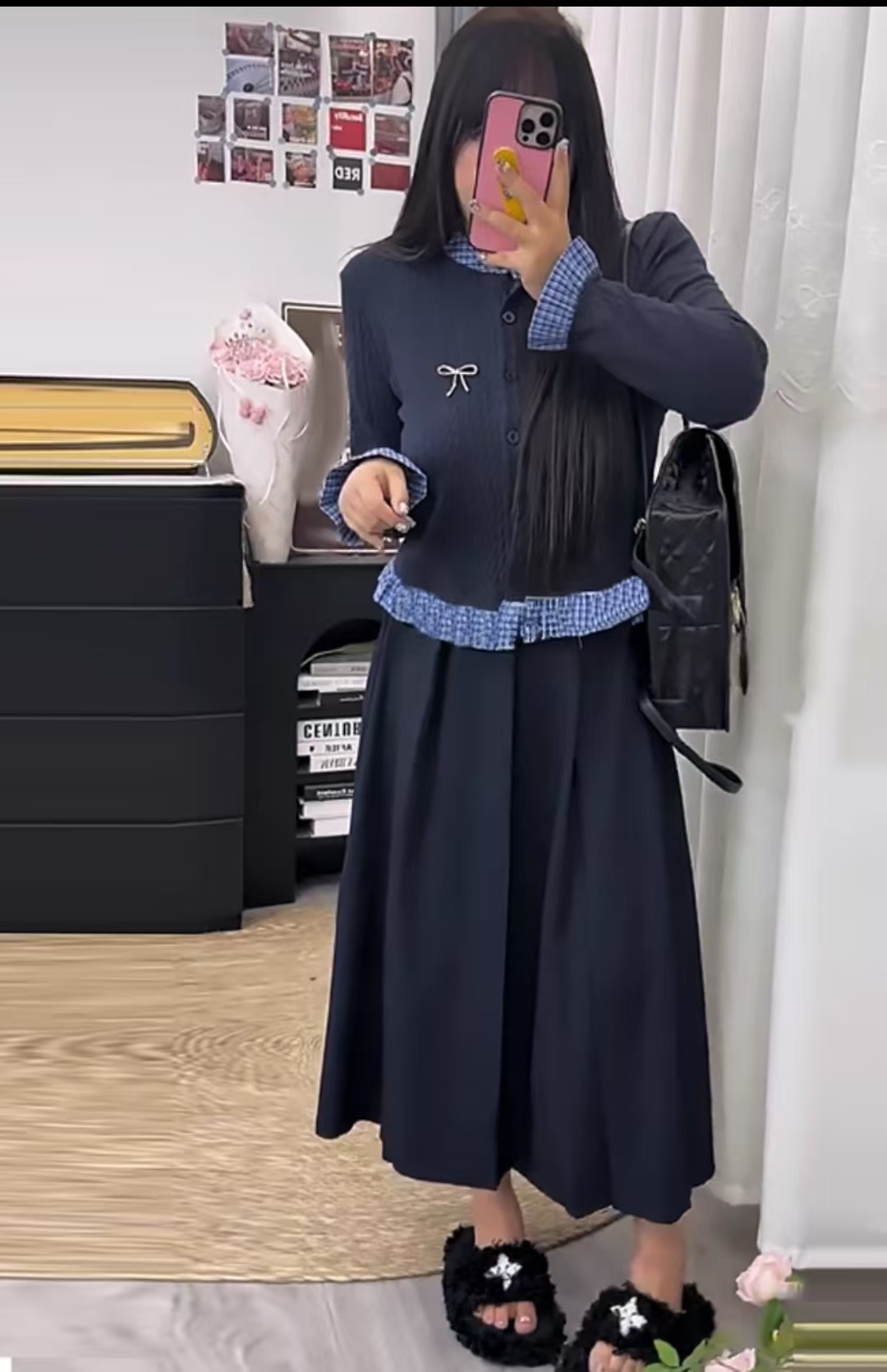 韩版时尚宽松显瘦休闲百搭假两件上衣松紧腰长裙套装8033
