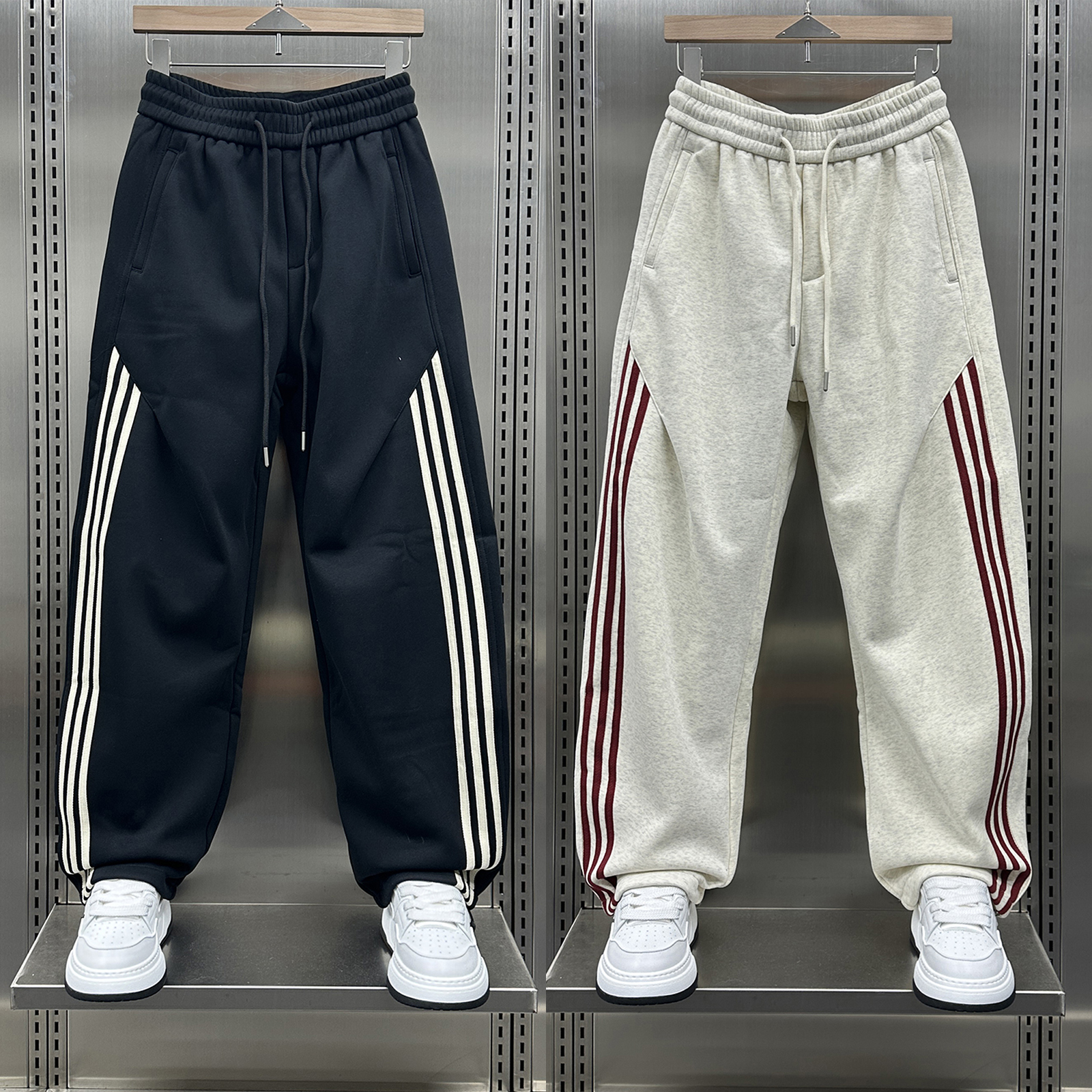 男2025秋冬新款高级感设计感条纹拼接运动卫裤潮牌加绒加厚休闲裤
