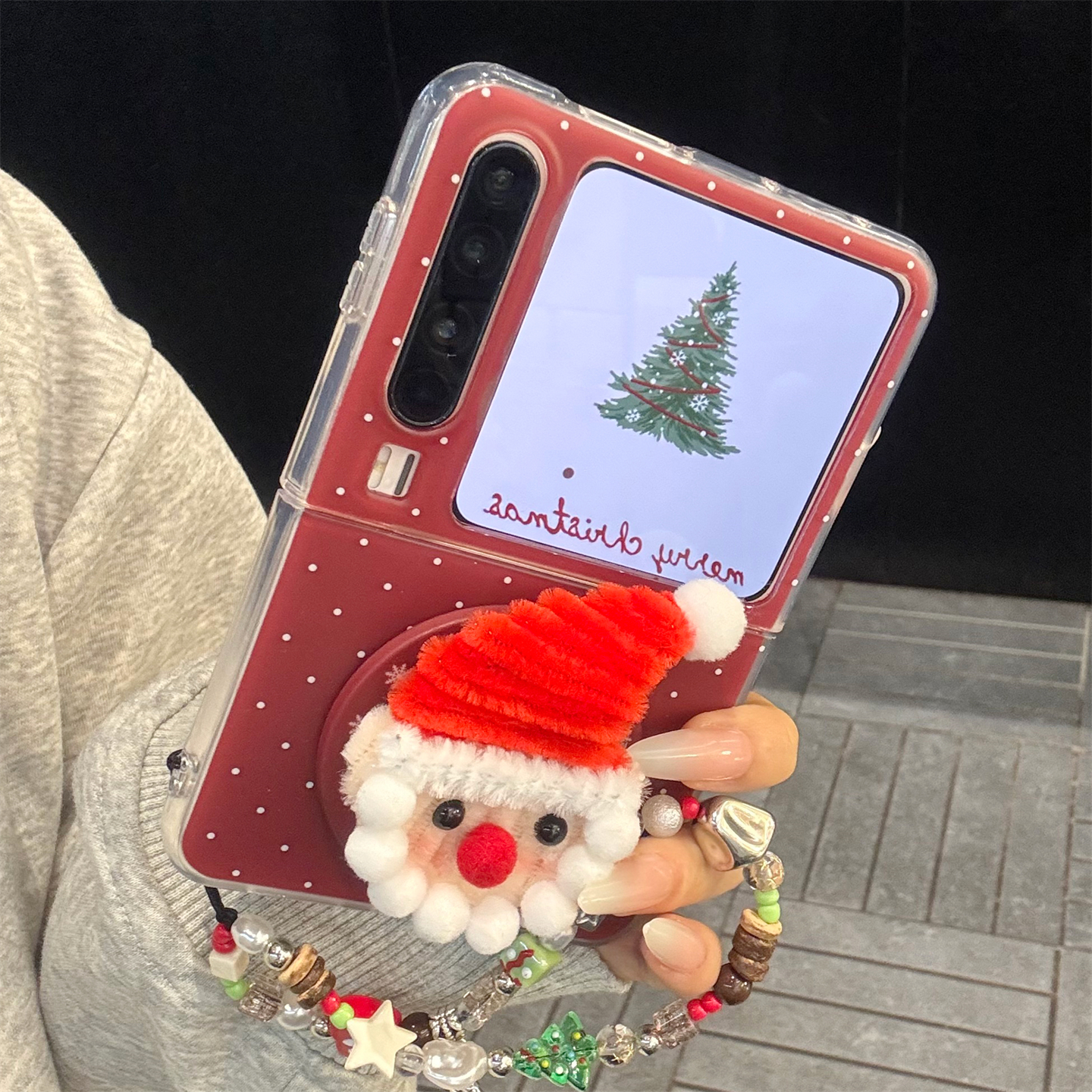 适用华为purax折叠屏手机壳酒红色波点PuraX圣诞树老人磁吸支架女