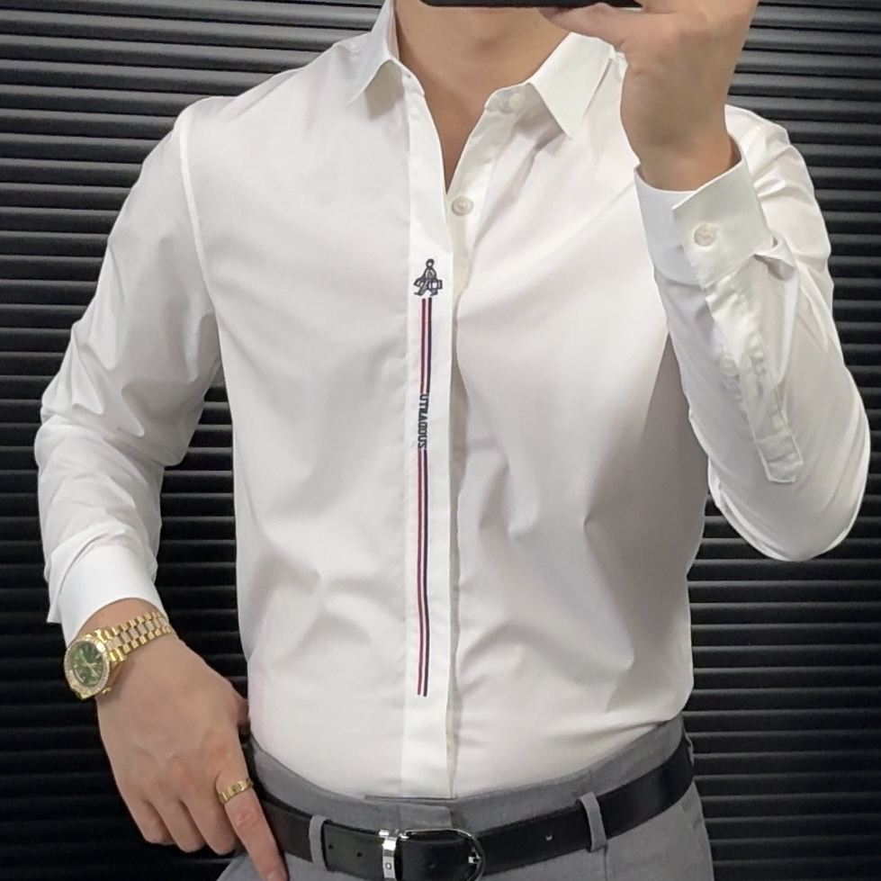 男士长袖刺绣工艺纯色简约修身休闲衬衫潮流百搭时尚帅气