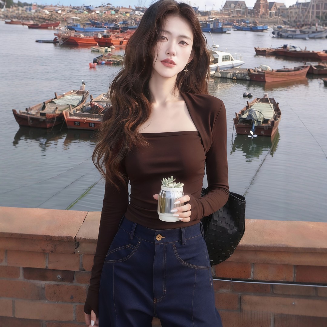 咖色方领长袖t恤女秋冬修身短款显瘦内搭打底衫2025新款辣妹上衣