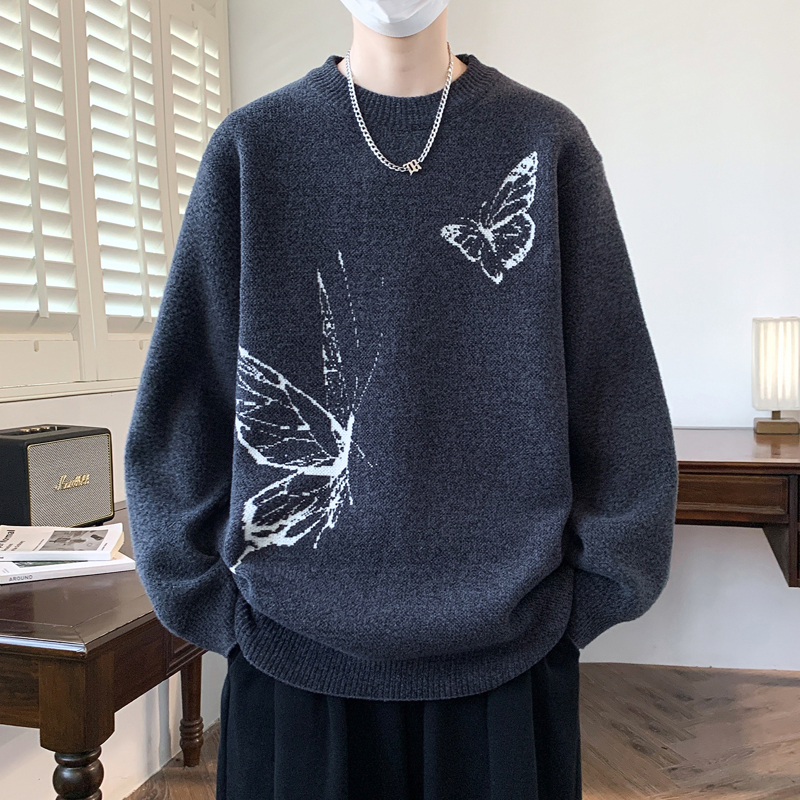 圆领毛衣男秋冬季潮牌针织衫男宽松上衣服高级感慵懒风保暖毛线衣