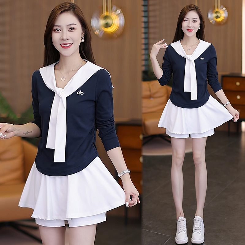 时尚休闲套装女2025秋季新款披肩V领修身长袖字母上衣裙裤两件套