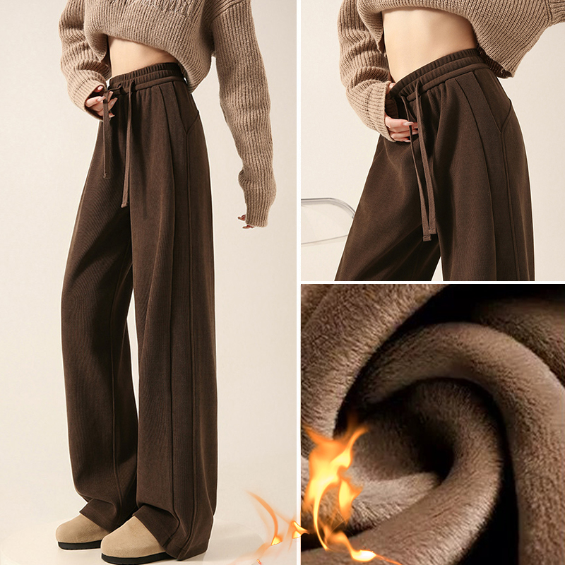 咖色阔腿裤女2025新款秋冬季加绒高腰垂感显瘦窄版美拉德直筒裤子
