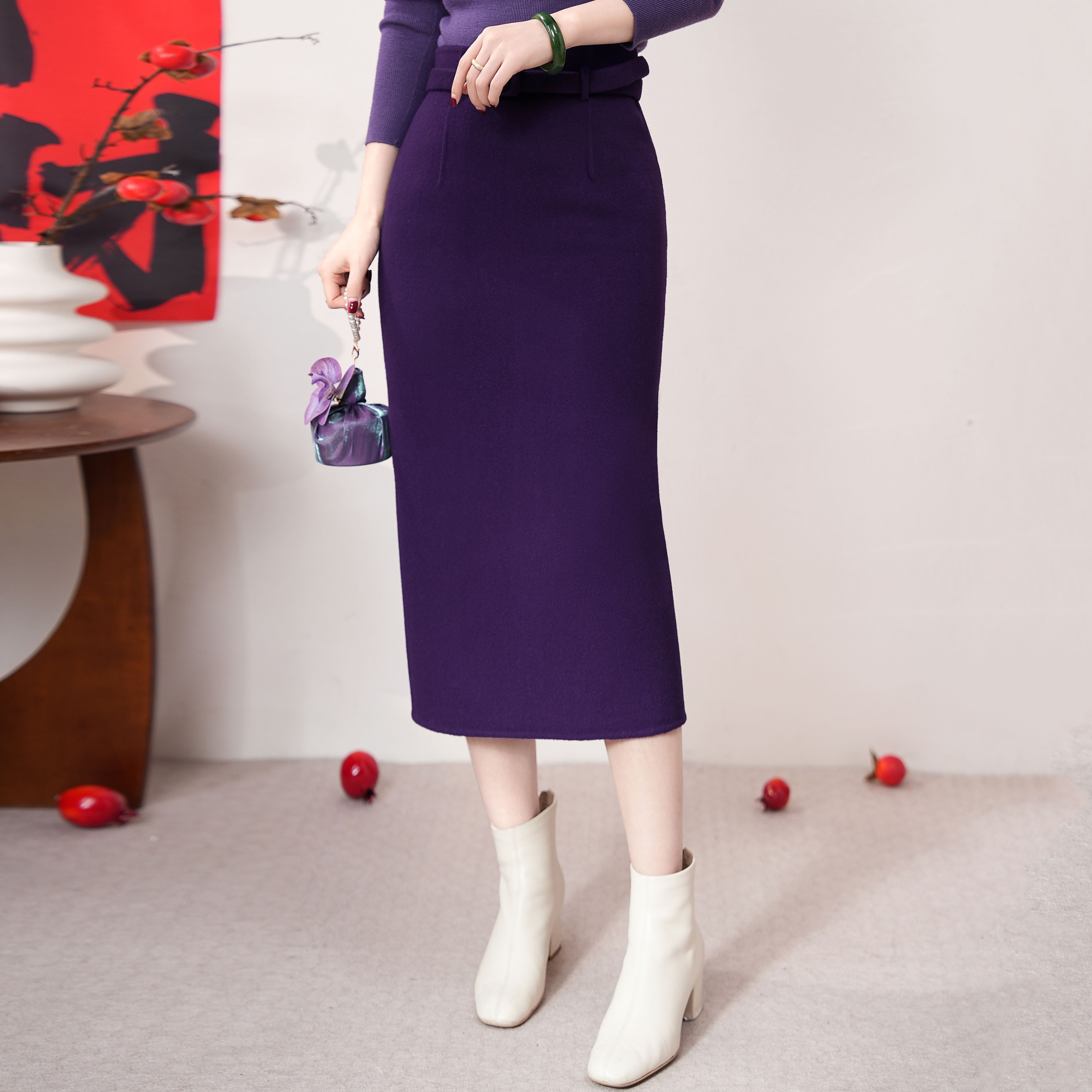 西子/【巴黎梦境】羊毛混纺A字洋气百搭高腰包臀半身裙/BQHC280