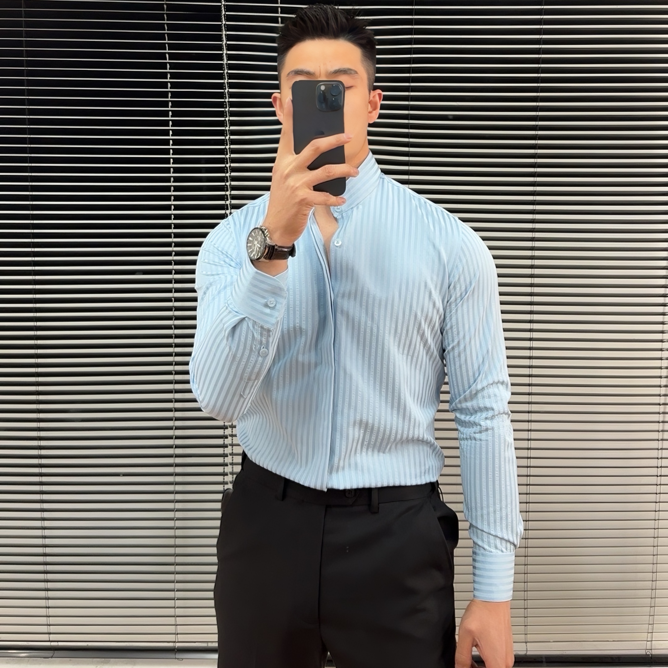 立领春季薄款条纹衬衫男士休闲时尚百搭潮流痞帅长袖百搭衬衣男装