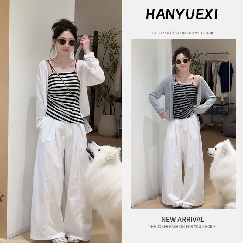 秋季时尚一整套女装2025新款条纹吊带短款开衫阔腿休闲裤三件套潮