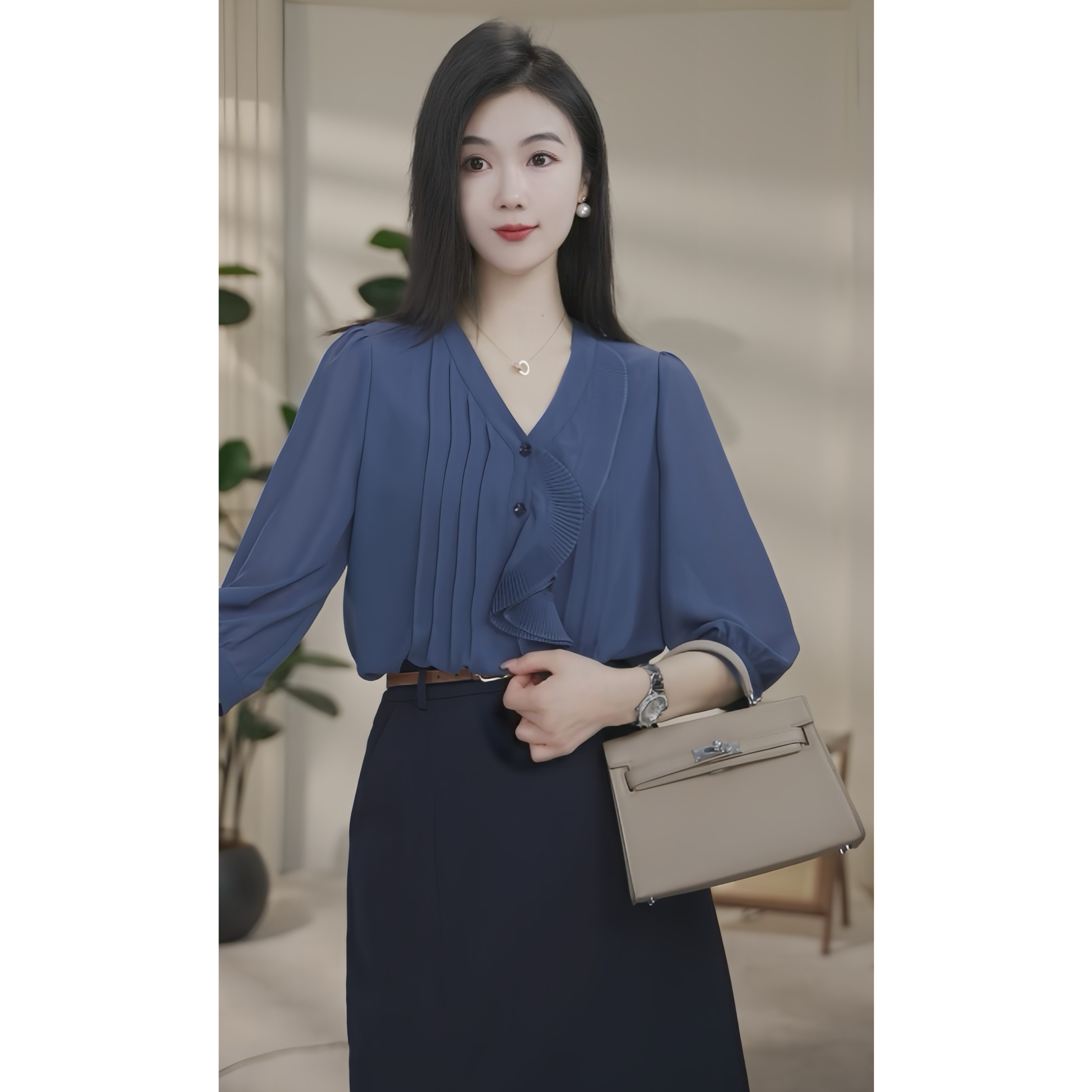 【杨杨专属】曼贝新款设计感女气质宽松衬衫衬衣流光风上衣云山灰蓝