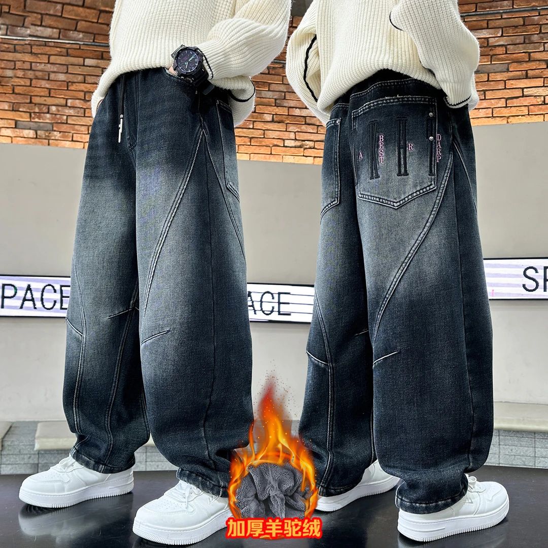 男童一条过冬加厚牛仔裤2025新款中大童羊驼绒裤子男孩加绒休闲裤