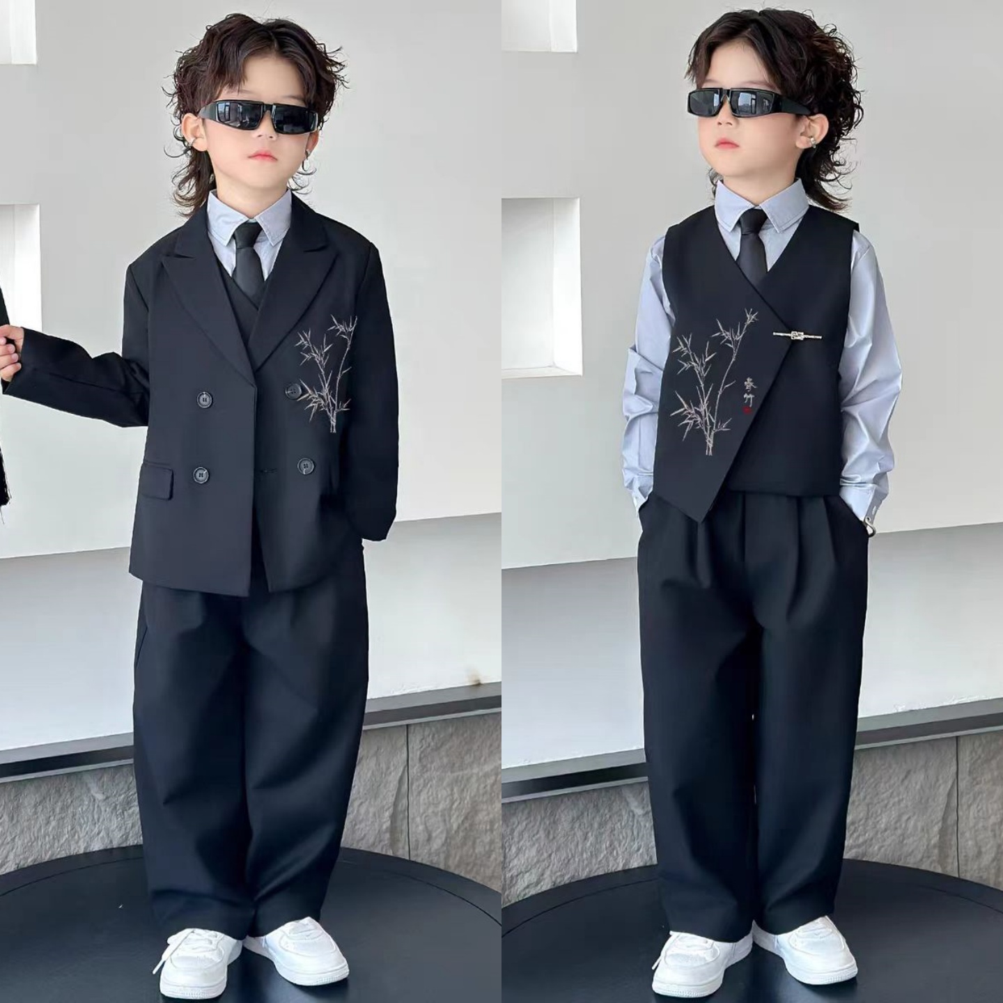 儿童新中式加绒西装男童帅气国风中山装花童礼服男孩小主持演出服