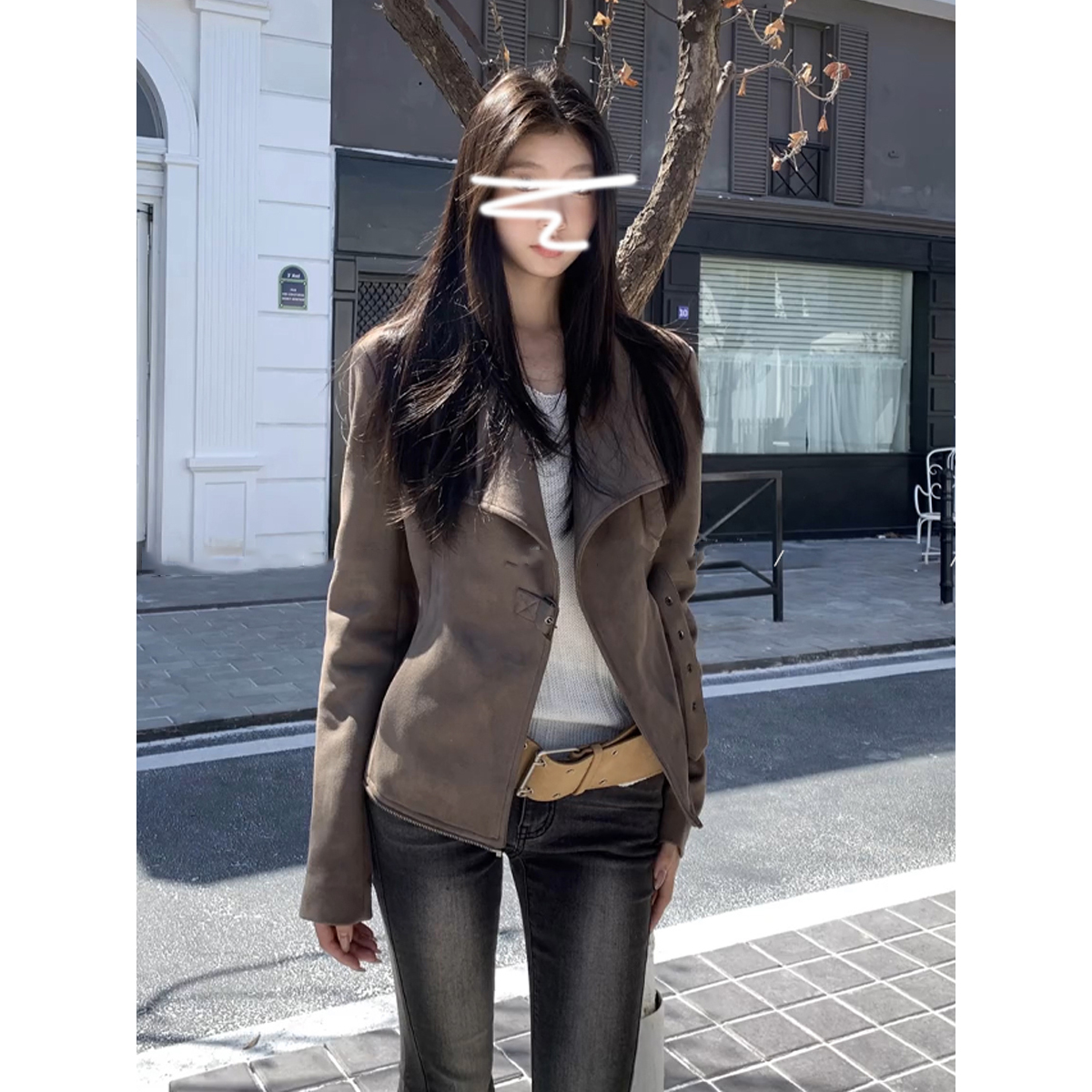 美式复古麂皮绒翻领短款外套女春秋季新款气质收腰机车夹克上衣