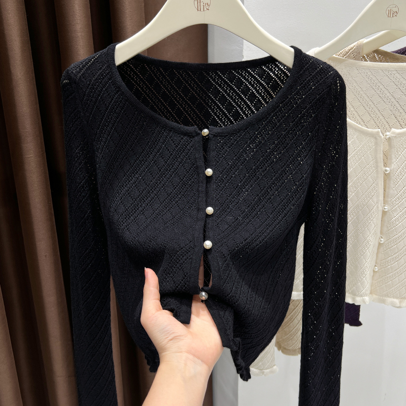 黑色短款宽松圆领针织开衫2025秋季新款高级感气质薄款长袖外套