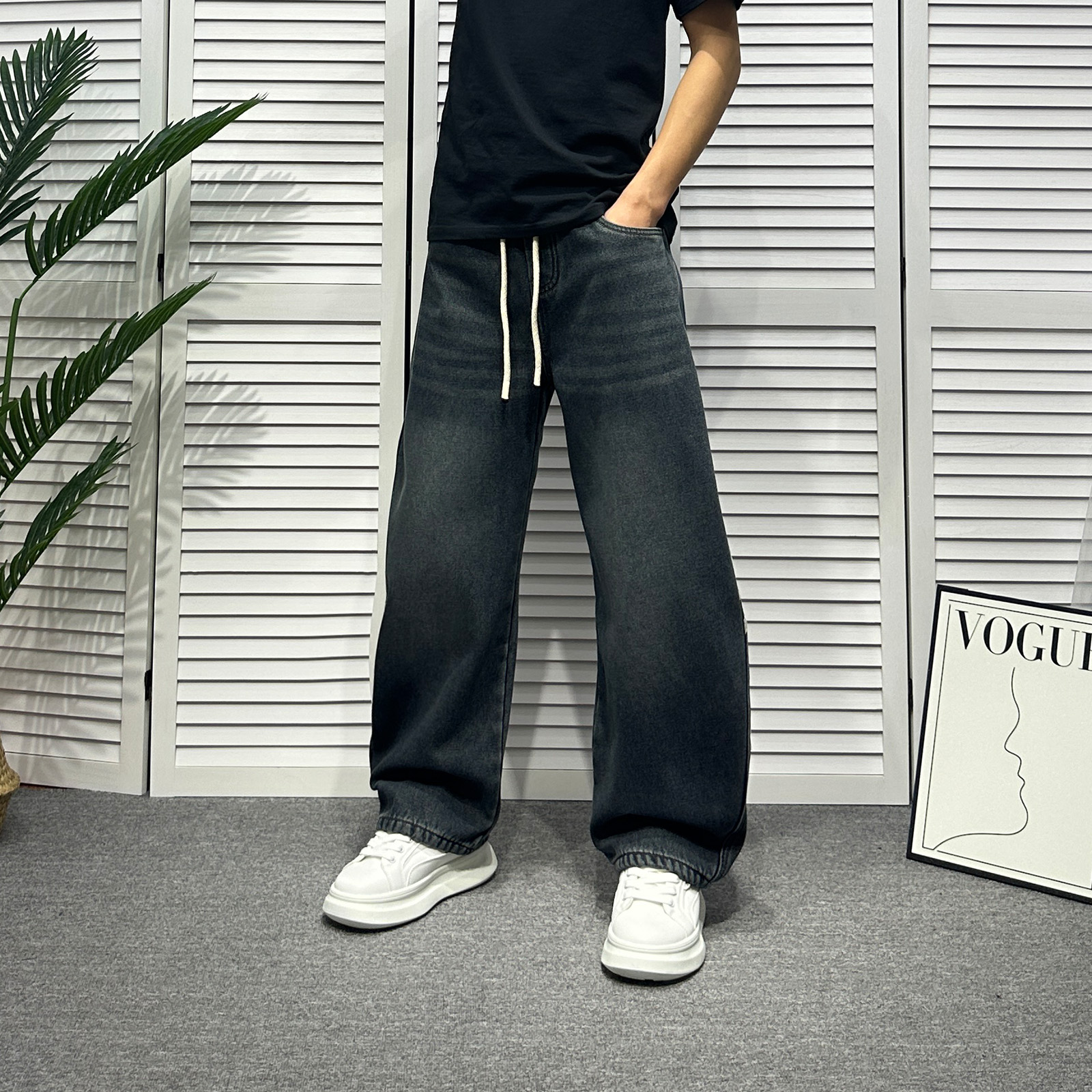 2025冬季男美式宽松痞帅哈伦长裤子国潮弯刀裤加绒保暖阔腿牛仔裤