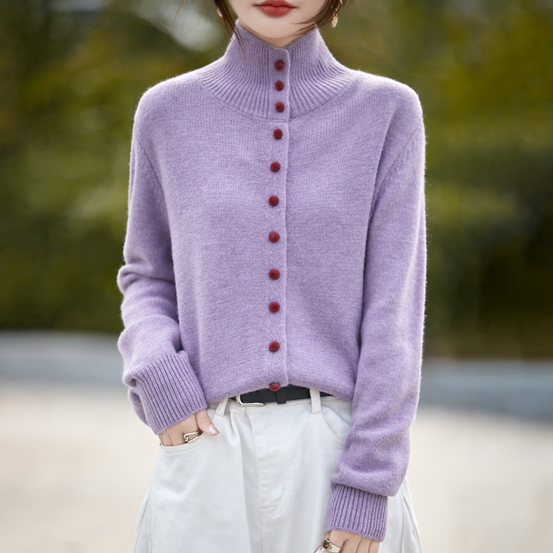 秋冬新款半高领红扣针织开衫女外套长袖纯色宽松显瘦外搭上衣毛衣