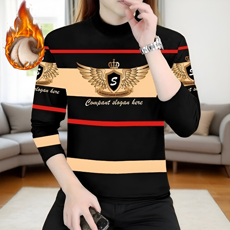 秋冬爆款德绒半高领印花新款长袖潮流帅气男士百搭保暖打底上衣潮