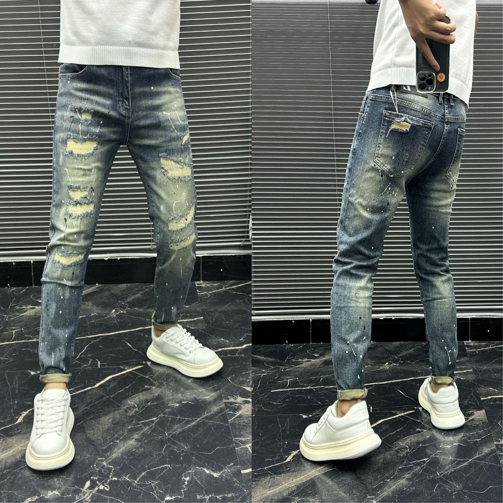 欧货复古破洞做旧补丁男士牛仔裤修身小脚弹力百搭痞帅泼墨秋冬季
