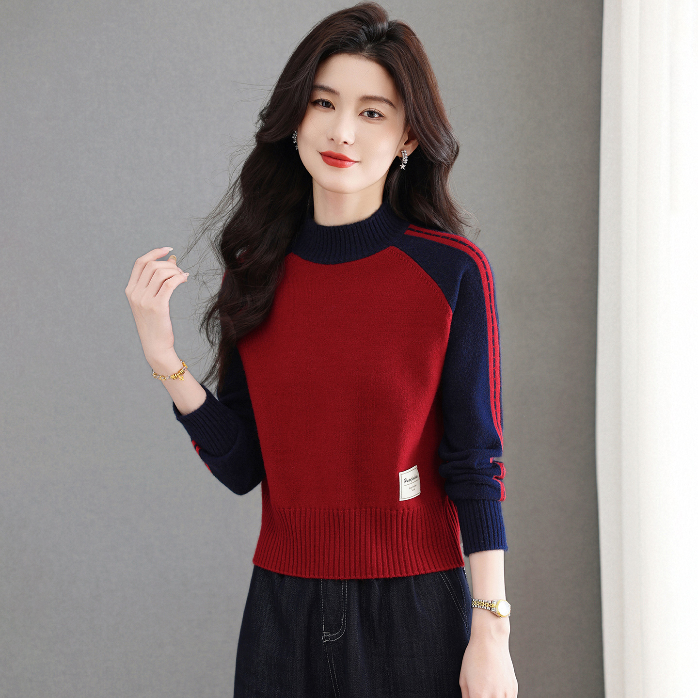 半高领红色毛衣女短款内搭秋冬季2025新款高腰洋气撞色针织打底衫