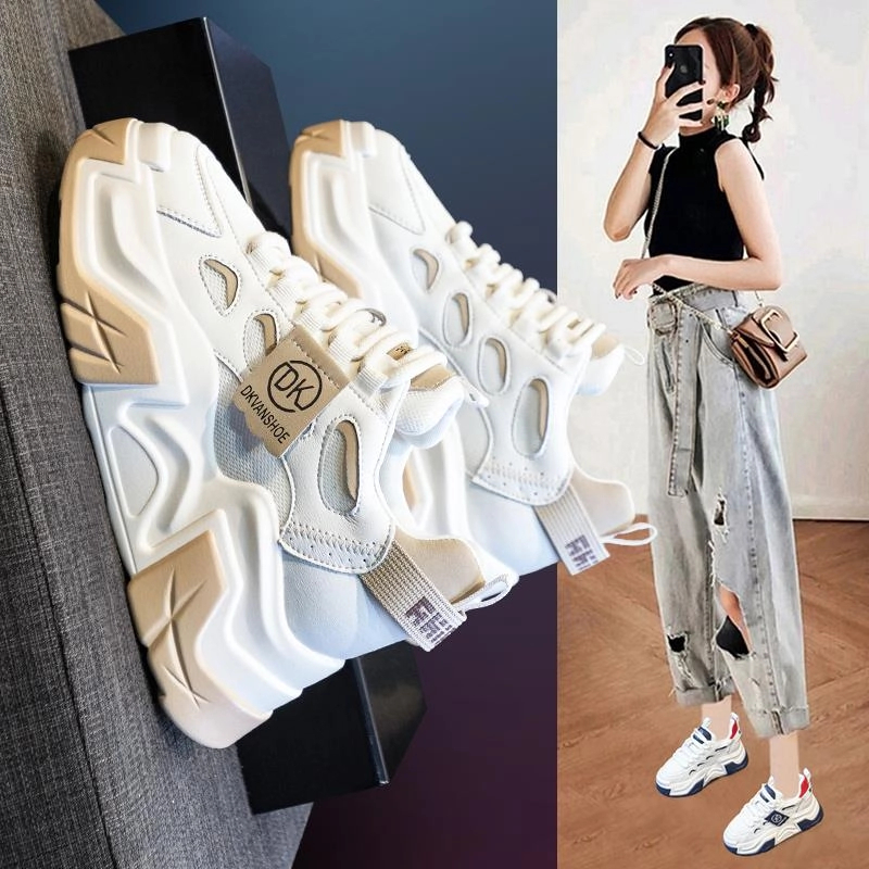 万达撤柜头层牛皮内增高老爹鞋女2025年秋冬加绒厚底休闲运动女鞋