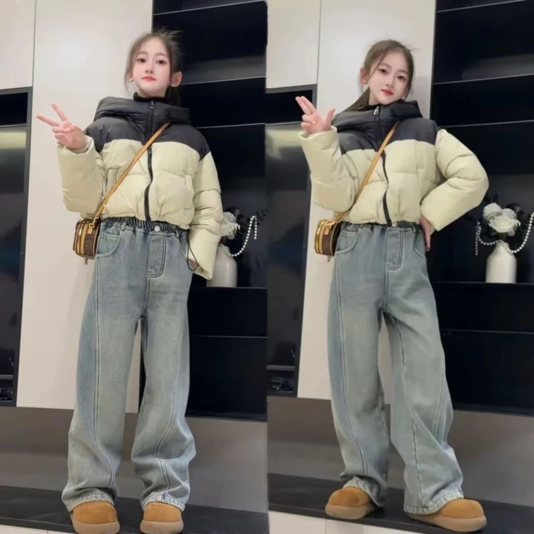 女童冬装2025新款洋气大童加厚短款保暖外套面包服冬季牛仔裤套装
