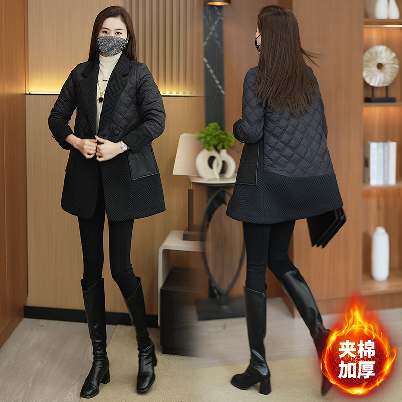 中长款简约夹棉拼接西装外套女2025秋冬新款保暖加厚宽松型棉衣潮