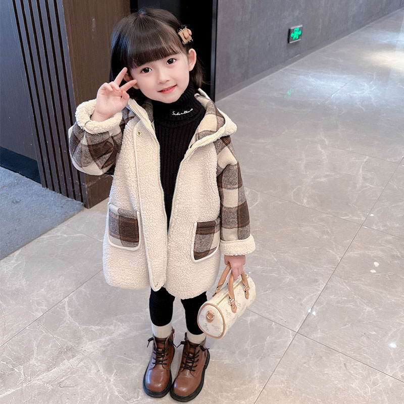 中小童冬装洋气格子连帽毛毛衣2025新款儿童休闲女宝宝加厚外套潮