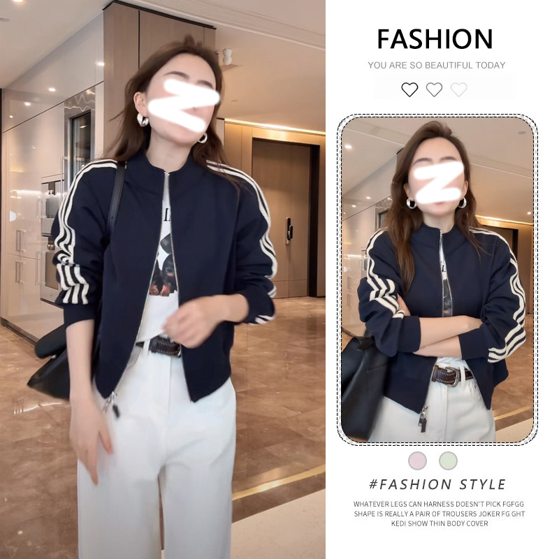 韩版ins复古立领拉链条杠棒球服短款开衫外套女别致上衣秋季新款