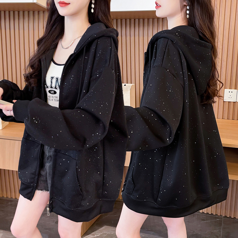 大码胖mm亮闪闪拉链加绒卫衣女秋冬季新款韩版宽松百搭满天星外套