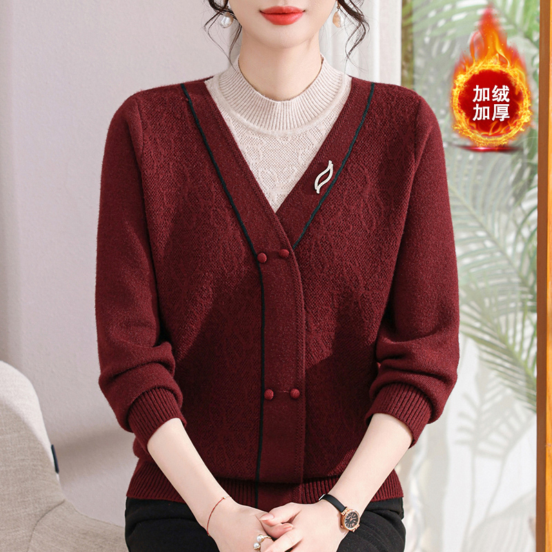 洋气妈妈秋冬装假两件针织毛衣中老年女装加绒加厚保暖内搭上衣