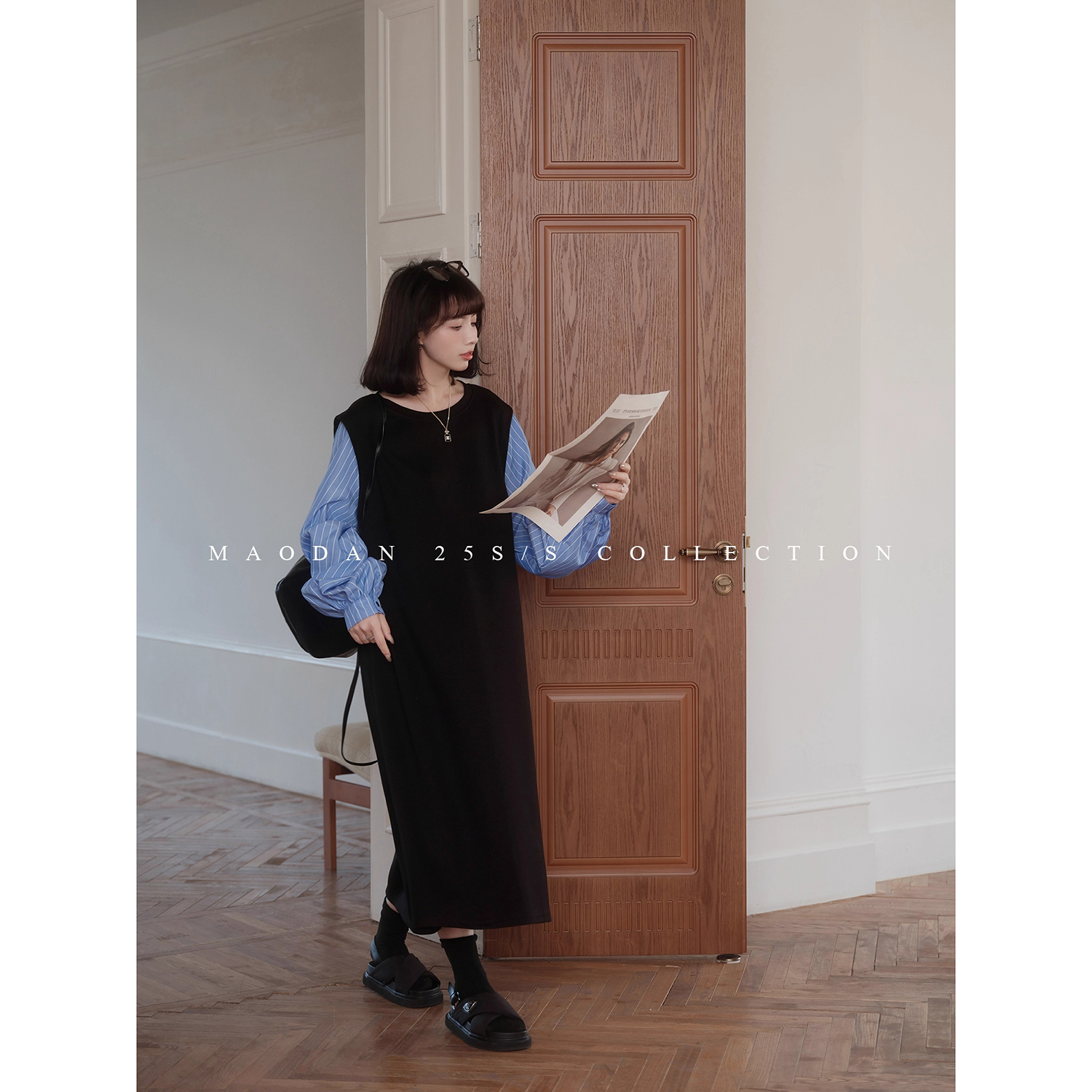 2025秋季上新圆领长款假两件衬衫连衣裙显瘦拼接裙子女