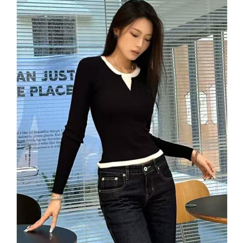 羊毛衫女显瘦百搭针织衫网红时尚洋气打底衫拼接长袖上衣撞色毛衣