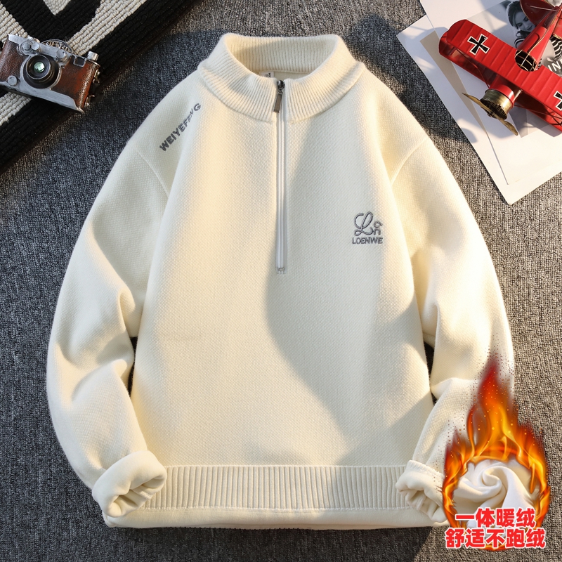 半拉链一体绒立领毛衣男冬季青少年学生加绒加厚潮流百搭打底衫男