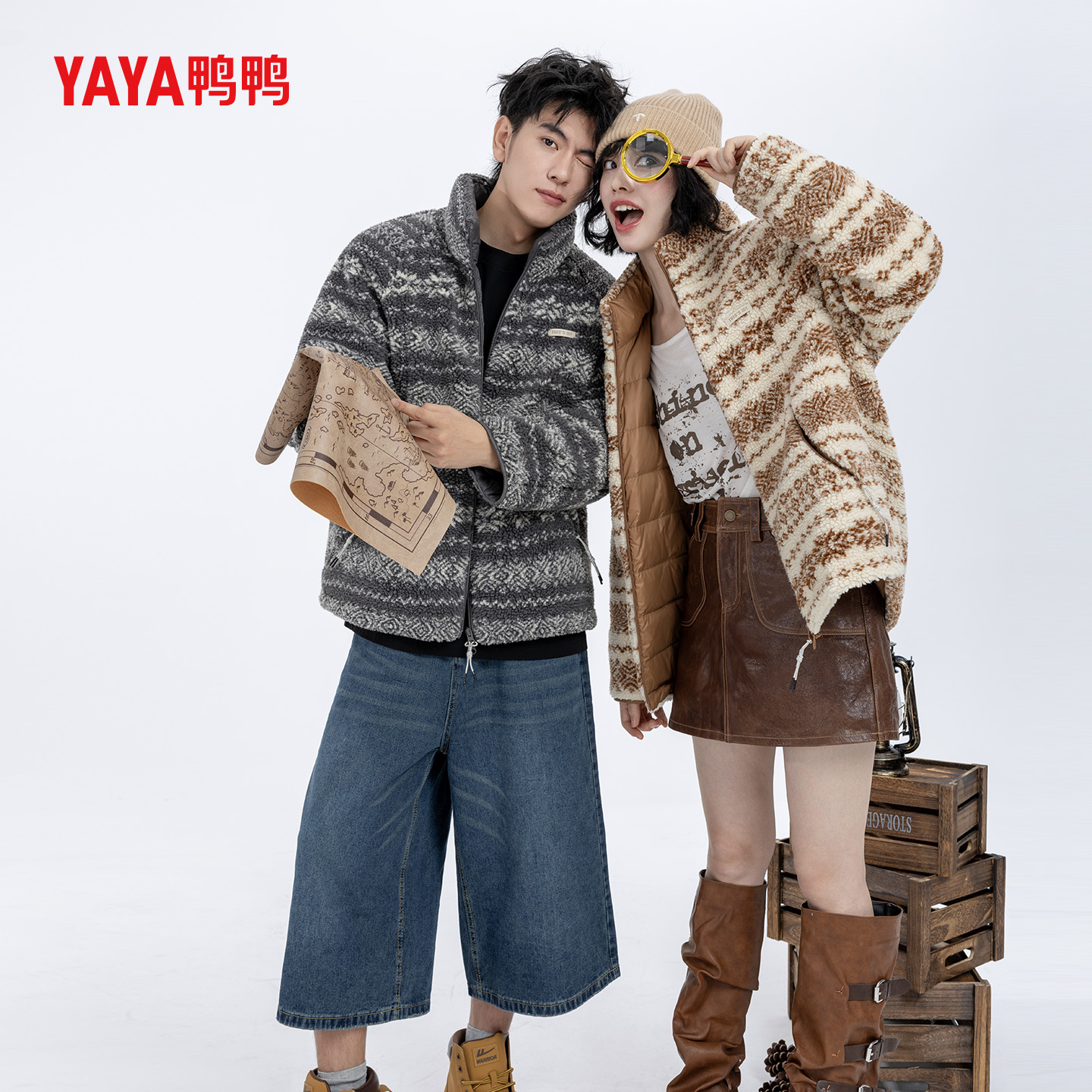 鸭鸭官方羽绒服费尔岛元素2025冬季外套情侣款摇粒绒百搭羽绒服女