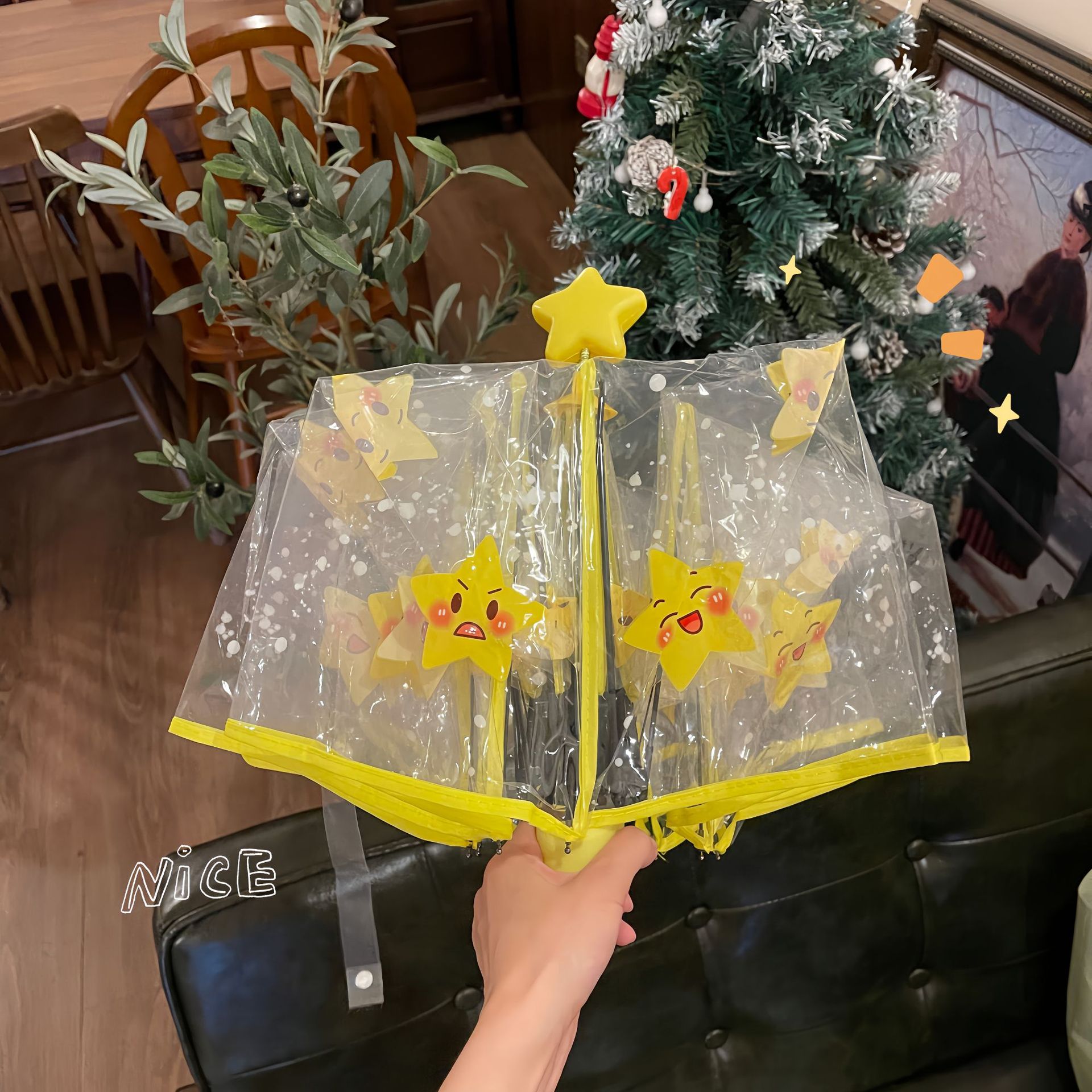 透明黄色星星雨伞雨伞三折伞全自动网红直柄伞可爱折叠儿童成人
