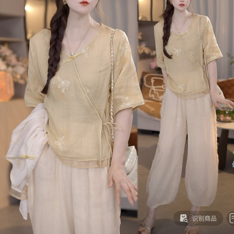 时尚显瘦气质套装女2025夏季网红洋气新中式上衣休闲裤两件套
